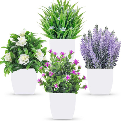 4 Pack Small Fake Plants with Flowers, Bathroom Desk Decor Indoor | UV-resistant fake flowers, varied bloom styles in white pots, for desk shelf bathroom office and spring classroom decor