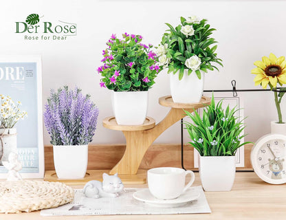 4 Pack Small Fake Plants with Flowers, Bathroom Desk Decor Indoor | UV-resistant fake flowers, varied bloom styles in white pots, for desk shelf bathroom office and spring classroom decor