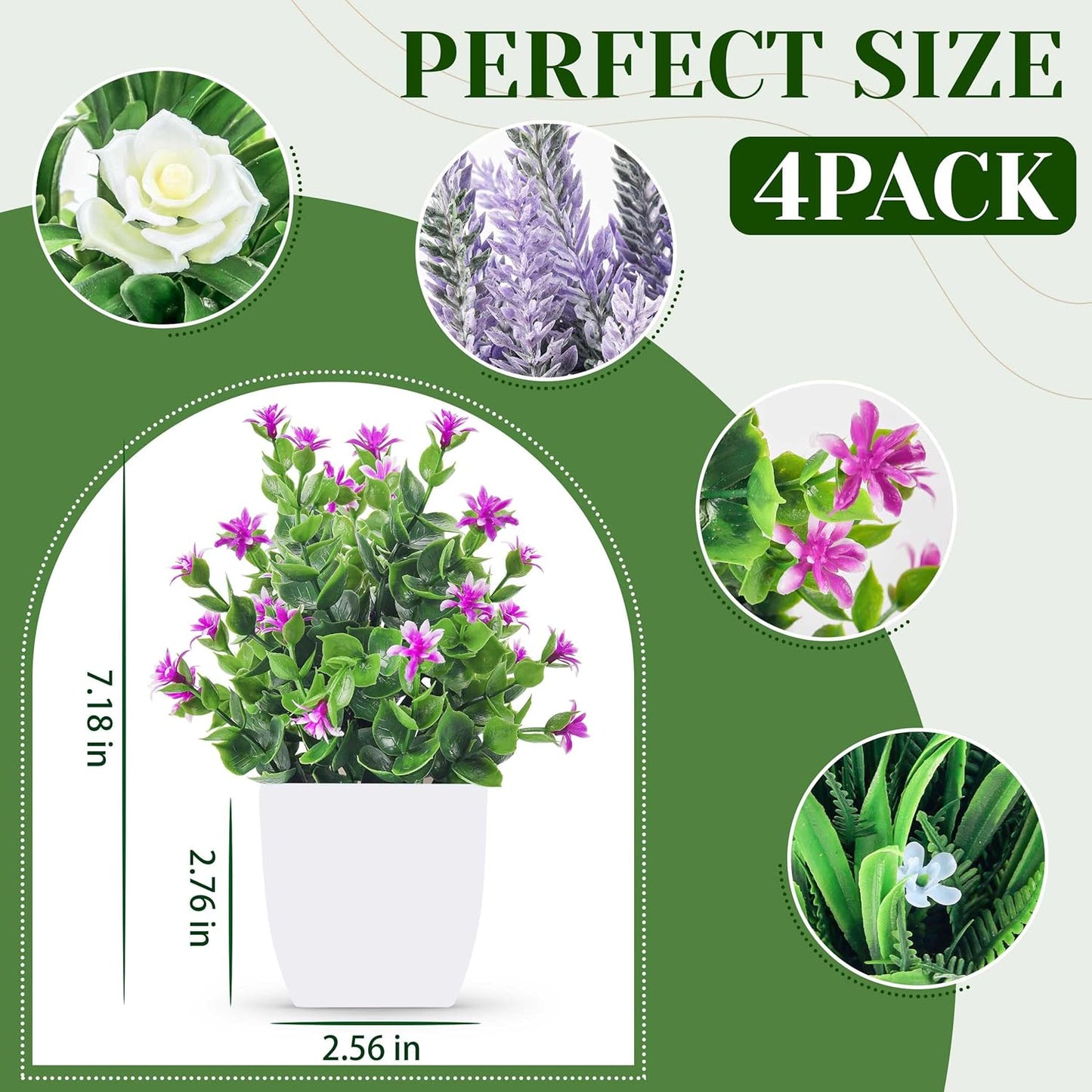 4 Pack Small Fake Plants with Flowers, Bathroom Desk Decor Indoor | UV-resistant fake flowers, varied bloom styles in white pots, for desk shelf bathroom office and spring classroom decor