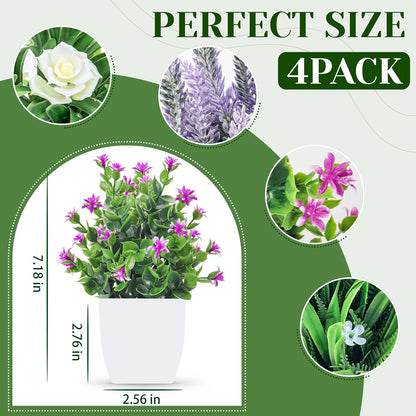 4 Pack Small Fake Plants with Flowers, Bathroom Desk Decor Indoor | UV-resistant fake flowers, varied bloom styles in white pots, for desk shelf bathroom office and spring classroom decor