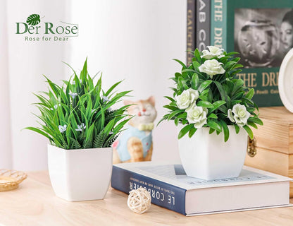 4 Pack Small Fake Plants with Flowers, Bathroom Desk Decor Indoor | UV-resistant fake flowers, varied bloom styles in white pots, for desk shelf bathroom office and spring classroom decor