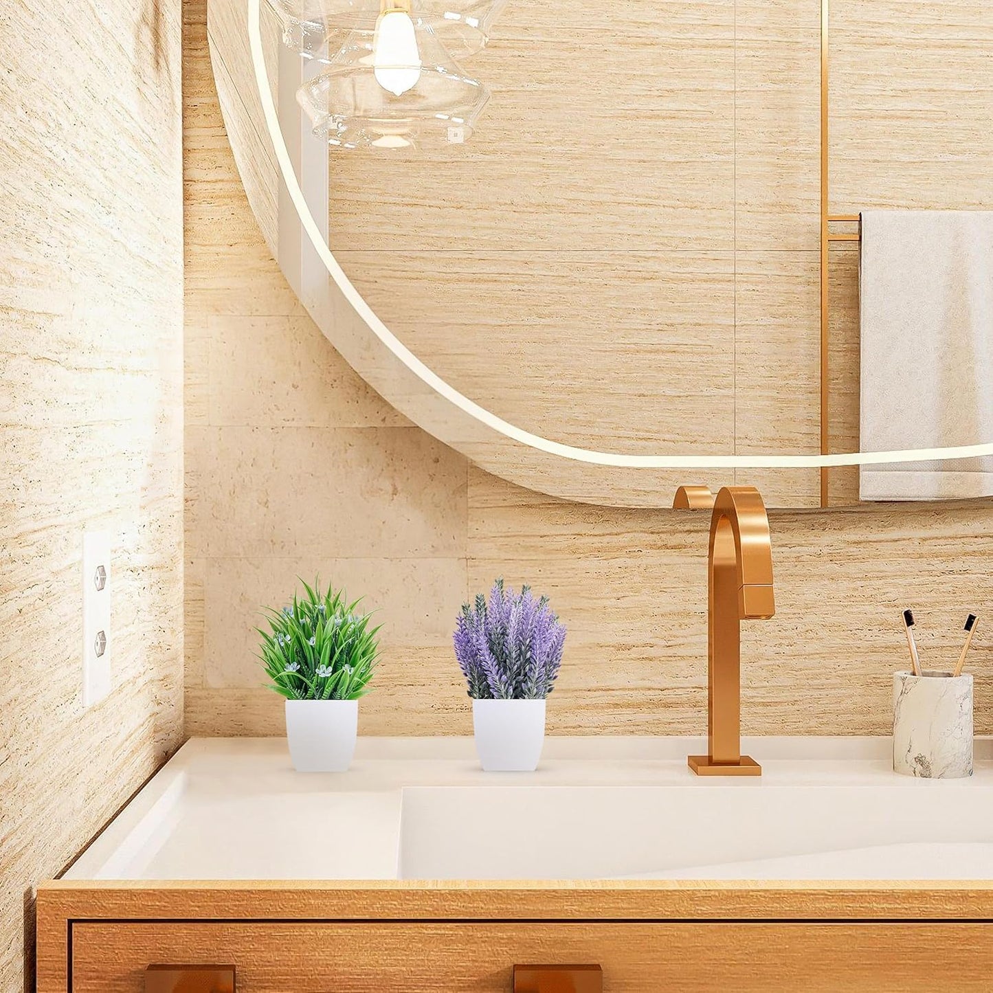 4 Pack Small Fake Plants with Flowers, Bathroom Desk Decor Indoor | UV-resistant fake flowers, varied bloom styles in white pots, for desk shelf bathroom office and spring classroom decor