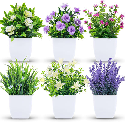 4 Pack Small Fake Plants with Flowers, Bathroom Desk Decor Indoor | UV-resistant fake flowers, varied bloom styles in white pots, for desk shelf bathroom office and spring classroom decor
