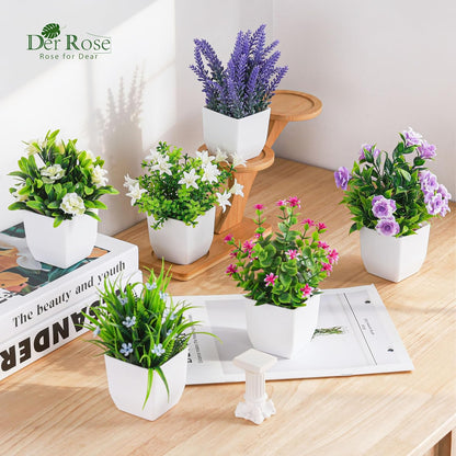 4 Pack Small Fake Plants with Flowers, Bathroom Desk Decor Indoor | UV-resistant fake flowers, varied bloom styles in white pots, for desk shelf bathroom office and spring classroom decor
