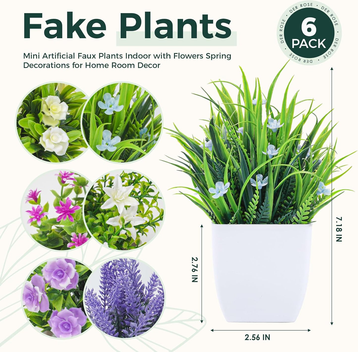 4 Pack Small Fake Plants with Flowers, Bathroom Desk Decor Indoor | UV-resistant fake flowers, varied bloom styles in white pots, for desk shelf bathroom office and spring classroom decor