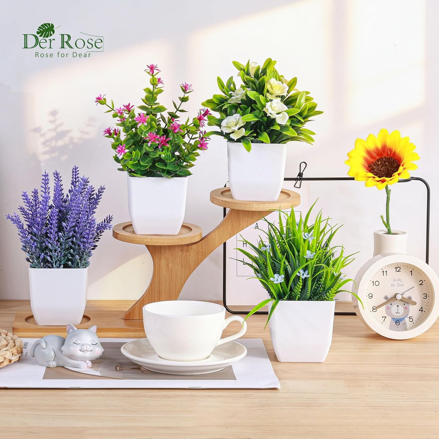 4 Pack Small Fake Plants with Flowers, Bathroom Desk Decor Indoor | UV-resistant fake flowers, varied bloom styles in white pots, for desk shelf bathroom office and spring classroom decor