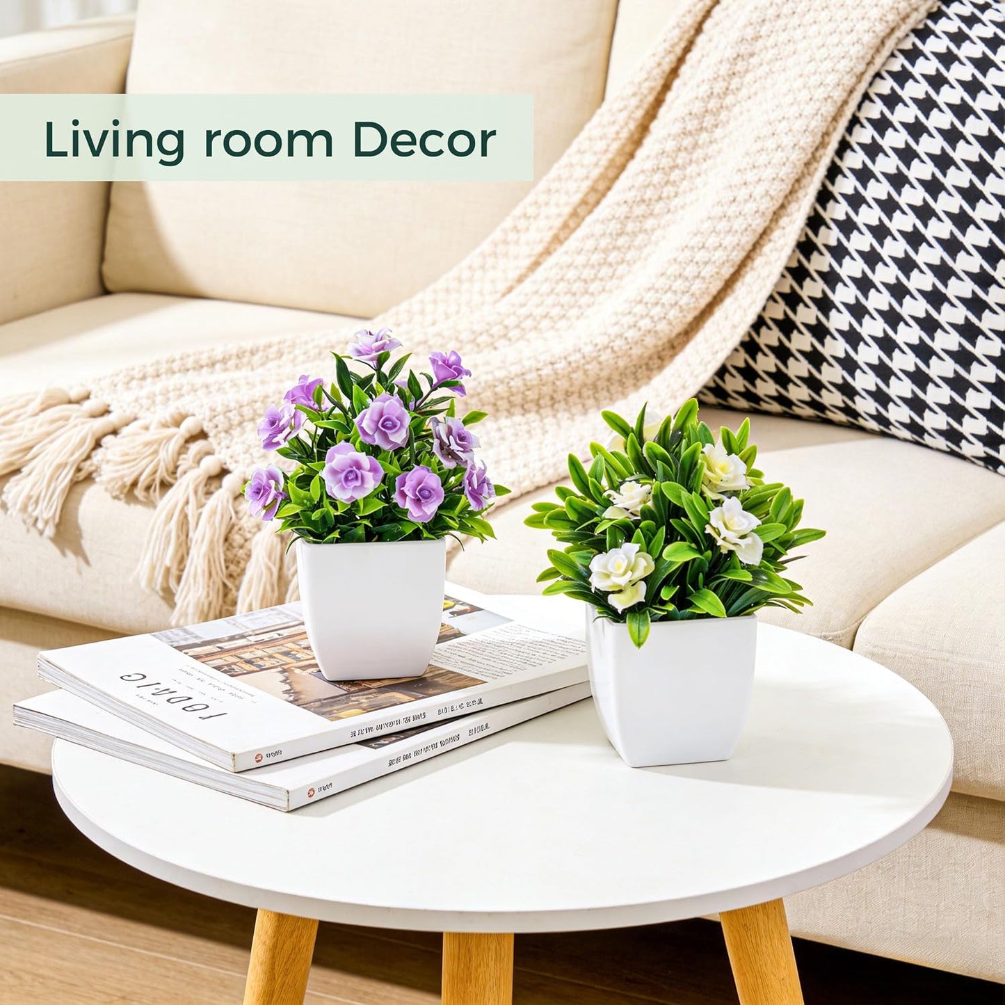 4 Pack Small Fake Plants with Flowers, Bathroom Desk Decor Indoor | UV-resistant fake flowers, varied bloom styles in white pots, for desk shelf bathroom office and spring classroom decor