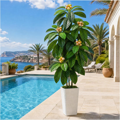 Artificial Fruit Tree 5FT, Fake Loquat Tree Indoor with White Tall Planter, Realistic Faux Japanese Medlar Tree with Lifelike Fruit for Living Room Office Entryway Decor