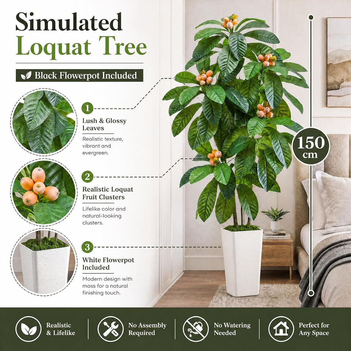 Artificial Fruit Tree 5FT, Fake Loquat Tree Indoor with White Tall Planter, Realistic Faux Japanese Medlar Tree with Lifelike Fruit for Living Room Office Entryway Decor