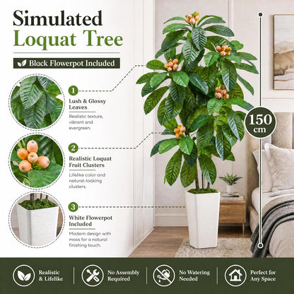 Artificial Fruit Tree 5FT, Fake Loquat Tree Indoor with White Tall Planter, Realistic Faux Japanese Medlar Tree with Lifelike Fruit for Living Room Office Entryway Decor
