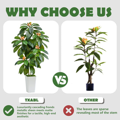 Artificial Fruit Tree 5FT, Fake Loquat Tree Indoor with White Tall Planter, Realistic Faux Japanese Medlar Tree with Lifelike Fruit for Living Room Office Entryway Decor