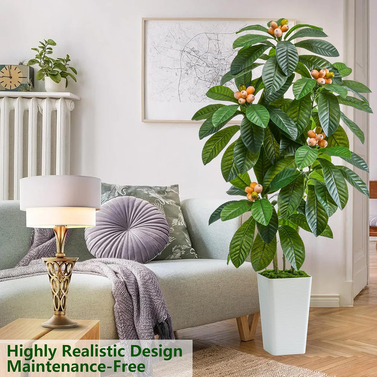 Artificial Fruit Tree 5FT, Fake Loquat Tree Indoor with White Tall Planter, Realistic Faux Japanese Medlar Tree with Lifelike Fruit for Living Room Office Entryway Decor