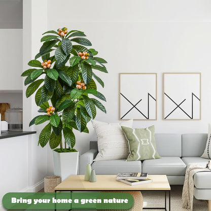Artificial Fruit Tree 5FT, Fake Loquat Tree Indoor with White Tall Planter, Realistic Faux Japanese Medlar Tree with Lifelike Fruit for Living Room Office Entryway Decor
