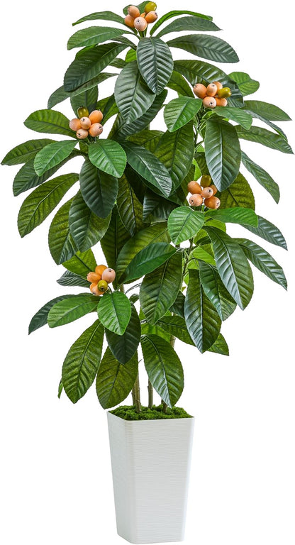 Artificial Fruit Tree 5FT, Fake Loquat Tree Indoor with White Tall Planter, Realistic Faux Japanese Medlar Tree with Lifelike Fruit for Living Room Office Entryway Decor