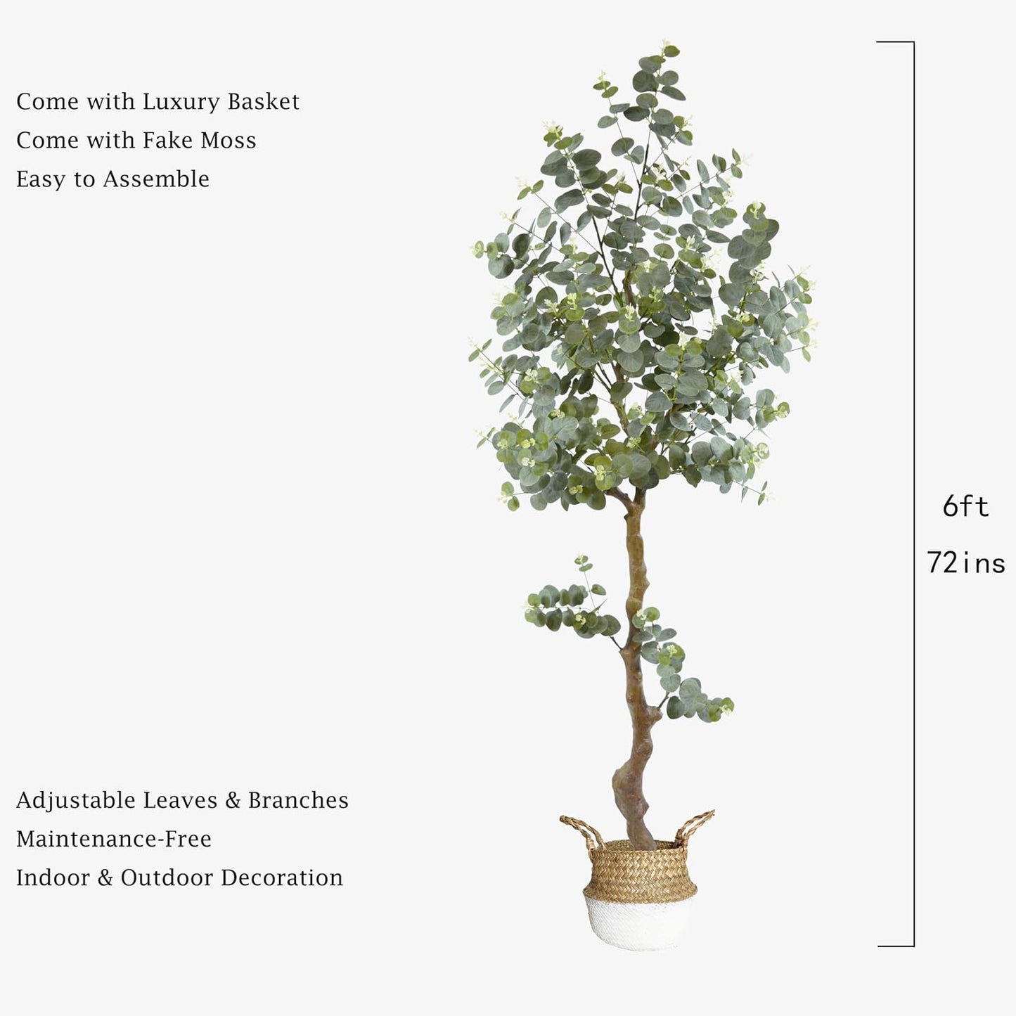 Artificial Eucalyptus Tree 6ft, Faux Plant with Basket, Fake Eucalyptus Trees with White Silver Dollar Leaves, Faux Potted Plants for Home Office Decor Indoor Outdoor