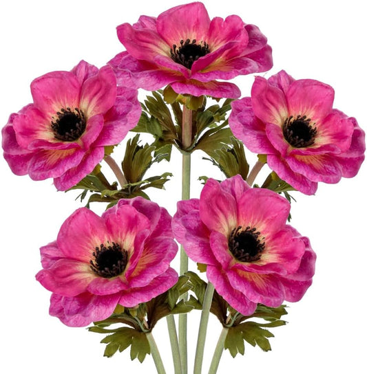 5Pcs Anemone Flowers Artificial Silk Flowers 20.9" Hot Pink Faux Flowers Realistic Fake Flowers for Decoration Faux Poppies Anemone Artificial Flowers Bulk for Vase Centerpieces Home Wedding Bouquet