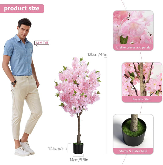6FT Artificial Cherry Blossom Tree, Fake Pink Sakura Tree, Realistic Faux Blossom Tree for Indoor Outdoor Decor, Wedding Party Garden Home Office Decoration