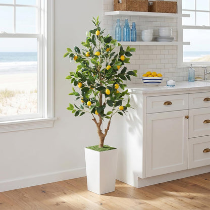 5FT Artificial Lemon Tree with Pot - 60" Fake Lemon Tree with White Tall Planter, Faux Lemon Plant with Realistic Fruits and Silk Leaves, Artificial Plants Indoor for Home Office Kitchen Decor
