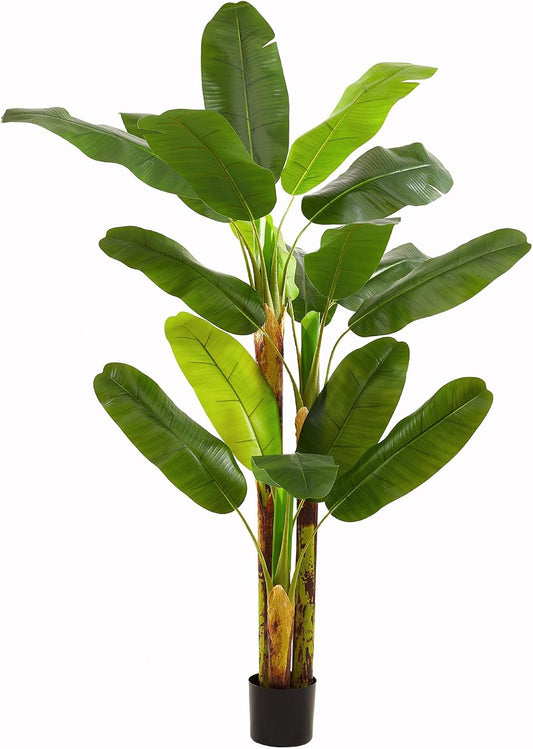 6FT Artificial Banana Tree, Faux Silk Banana Leaf Plant with 3 Stems & 17 Large Real Touch Leaves, Cement Weighted Potted Fake Tropical Tree, Indoor Decor for Living Room Office Patio