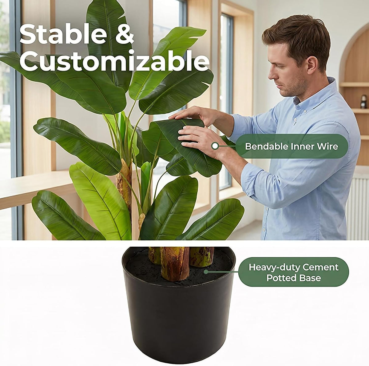 6FT Artificial Banana Tree, Faux Silk Banana Leaf Plant with 3 Stems & 17 Large Real Touch Leaves, Cement Weighted Potted Fake Tropical Tree, Indoor Decor for Living Room Office Patio