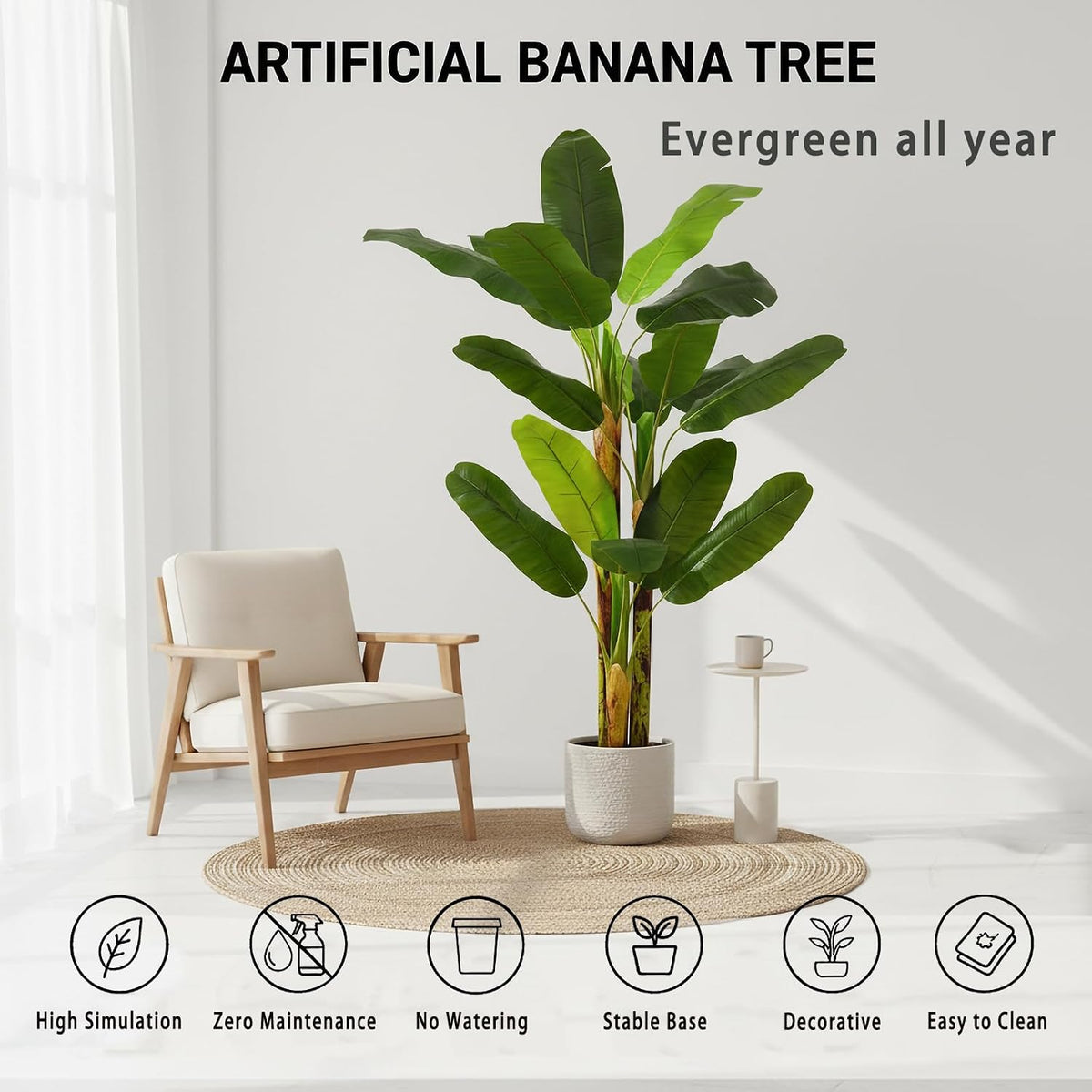 6FT Artificial Banana Tree, Faux Silk Banana Leaf Plant with 3 Stems & 17 Large Real Touch Leaves, Cement Weighted Potted Fake Tropical Tree, Indoor Decor for Living Room Office Patio