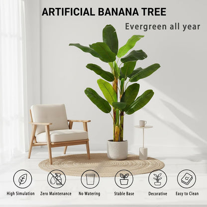 6FT Artificial Banana Tree, Faux Silk Banana Leaf Plant with 3 Stems & 17 Large Real Touch Leaves, Cement Weighted Potted Fake Tropical Tree, Indoor Decor for Living Room Office Patio