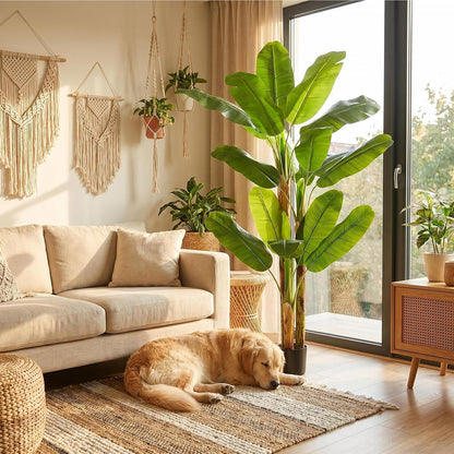 6FT Artificial Banana Tree, Faux Silk Banana Leaf Plant with 3 Stems & 17 Large Real Touch Leaves, Cement Weighted Potted Fake Tropical Tree, Indoor Decor for Living Room Office Patio
