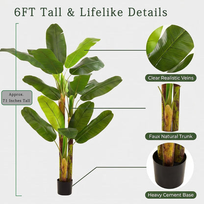 6FT Artificial Banana Tree, Faux Silk Banana Leaf Plant with 3 Stems & 17 Large Real Touch Leaves, Cement Weighted Potted Fake Tropical Tree, Indoor Decor for Living Room Office Patio