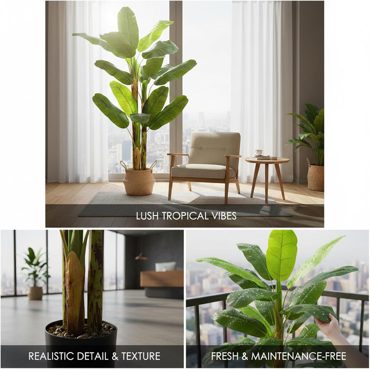 6FT Artificial Banana Tree, Faux Silk Banana Leaf Plant with 3 Stems & 17 Large Real Touch Leaves, Cement Weighted Potted Fake Tropical Tree, Indoor Decor for Living Room Office Patio