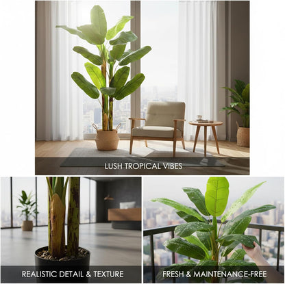 6FT Artificial Banana Tree, Faux Silk Banana Leaf Plant with 3 Stems & 17 Large Real Touch Leaves, Cement Weighted Potted Fake Tropical Tree, Indoor Decor for Living Room Office Patio