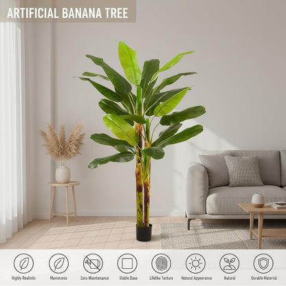 6FT Artificial Banana Tree, Faux Silk Banana Leaf Plant with 3 Stems & 17 Large Real Touch Leaves, Cement Weighted Potted Fake Tropical Tree, Indoor Decor for Living Room Office Patio