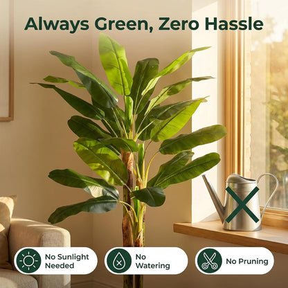 6FT Artificial Banana Tree, Faux Silk Banana Leaf Plant with 3 Stems & 17 Large Real Touch Leaves, Cement Weighted Potted Fake Tropical Tree, Indoor Decor for Living Room Office Patio