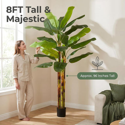 6FT Artificial Banana Tree, Faux Silk Banana Leaf Plant with 3 Stems & 17 Large Real Touch Leaves, Cement Weighted Potted Fake Tropical Tree, Indoor Decor for Living Room Office Patio