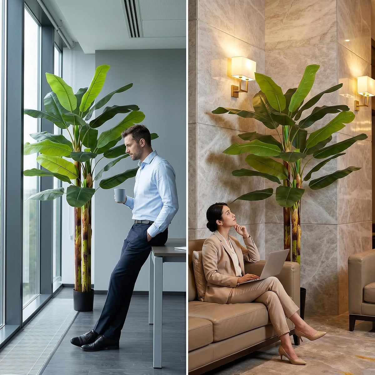 6FT Artificial Banana Tree, Faux Silk Banana Leaf Plant with 3 Stems & 17 Large Real Touch Leaves, Cement Weighted Potted Fake Tropical Tree, Indoor Decor for Living Room Office Patio
