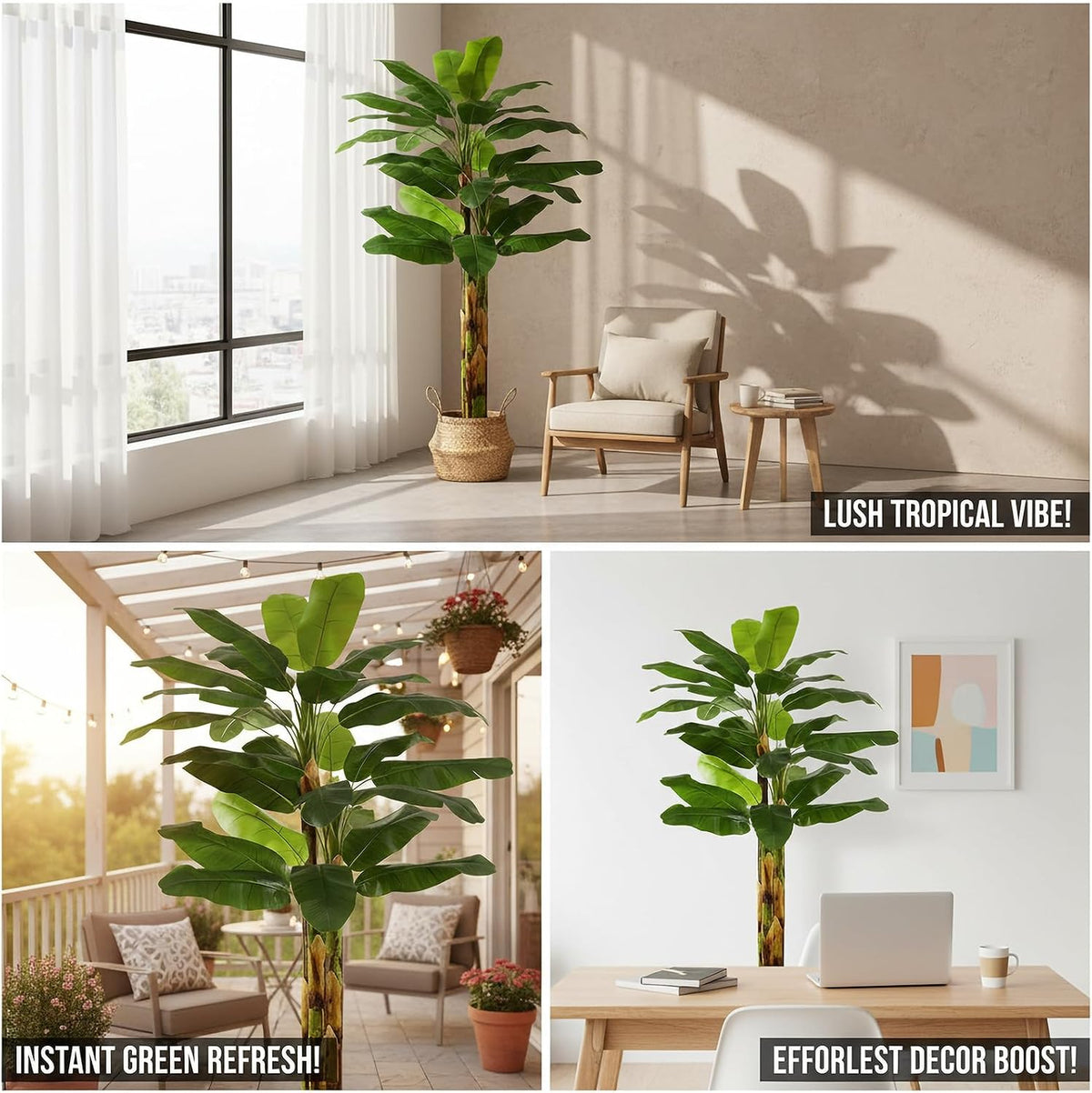 6FT Artificial Banana Tree, Faux Silk Banana Leaf Plant with 3 Stems & 17 Large Real Touch Leaves, Cement Weighted Potted Fake Tropical Tree, Indoor Decor for Living Room Office Patio