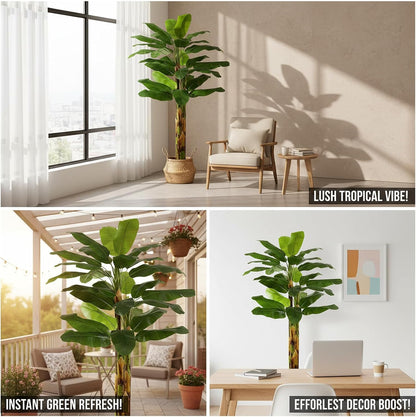 6FT Artificial Banana Tree, Faux Silk Banana Leaf Plant with 3 Stems & 17 Large Real Touch Leaves, Cement Weighted Potted Fake Tropical Tree, Indoor Decor for Living Room Office Patio