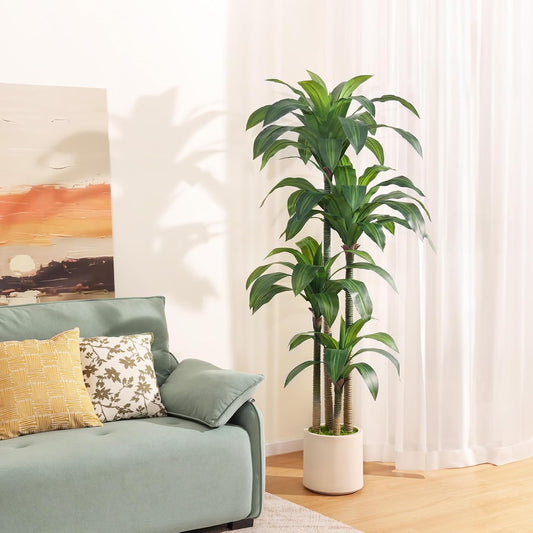 Artificial Dracaena Tree 6ft, Tall Fake Dracaena Plants with White Planter, Faux Dragon Tree Indoor Floor Plant for Home Decor Office Living Room Porch Housewarming, 1Pcs