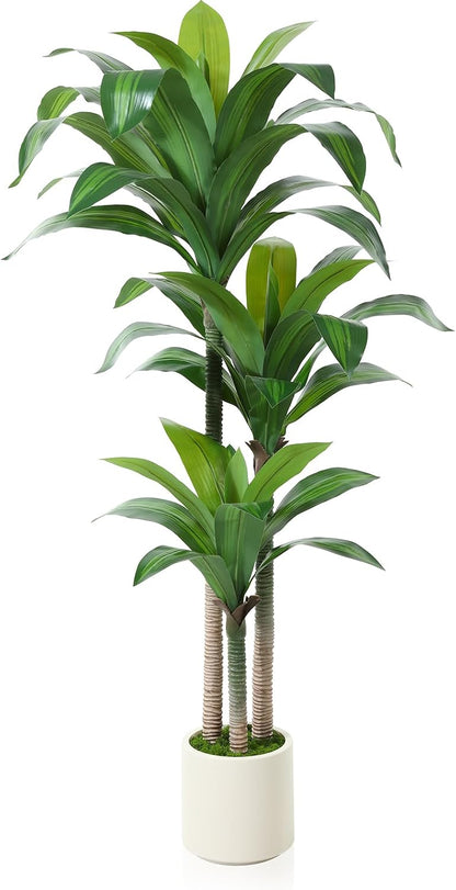 Artificial Dracaena Tree 6ft, Tall Fake Dracaena Plants with White Planter, Faux Dragon Tree Indoor Floor Plant for Home Decor Office Living Room Porch Housewarming, 1Pcs