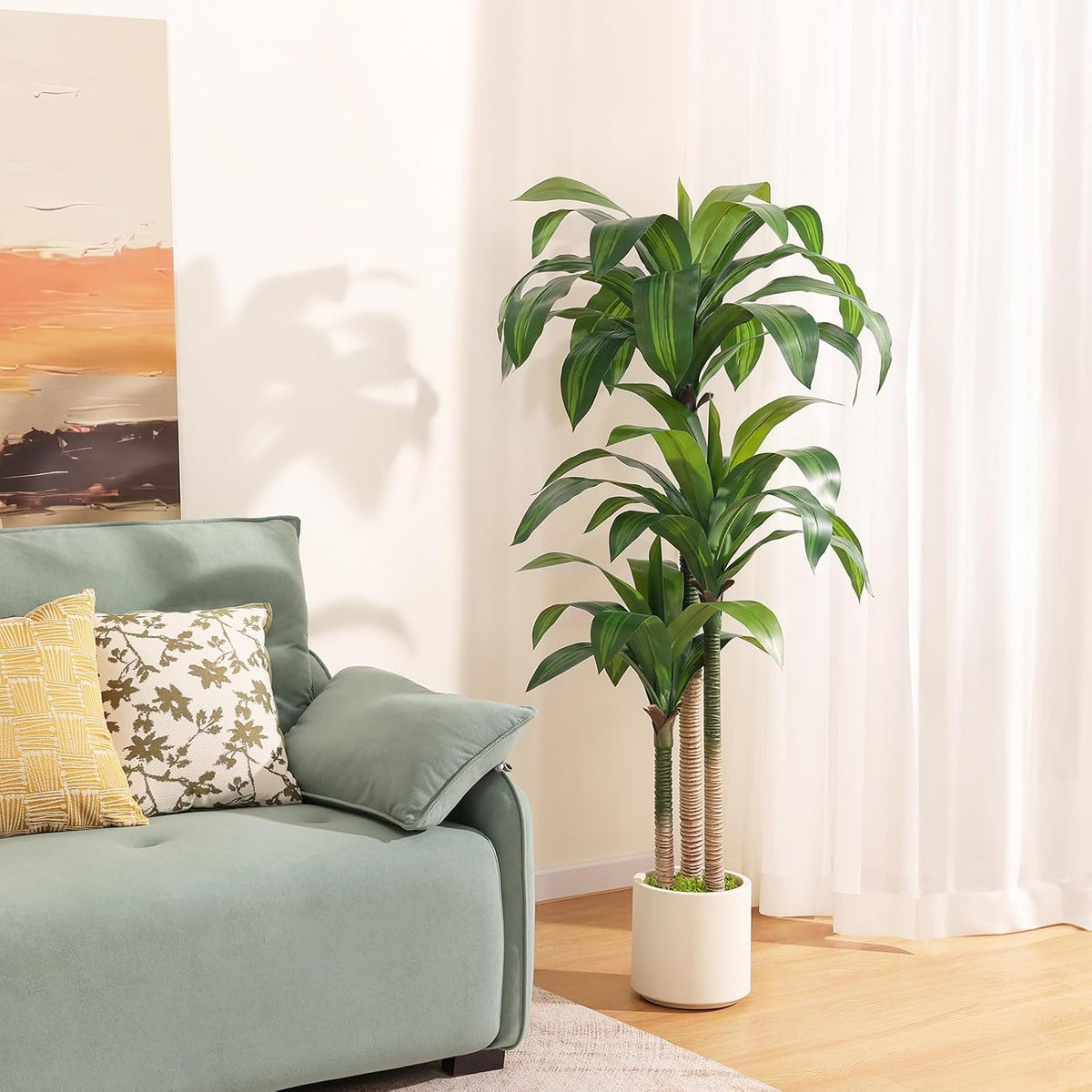 Artificial Dracaena Tree 6ft, Tall Fake Dracaena Plants with White Planter, Faux Dragon Tree Indoor Floor Plant for Home Decor Office Living Room Porch Housewarming, 1Pcs