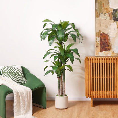 Artificial Dracaena Tree 6ft, Tall Fake Dracaena Plants with White Planter, Faux Dragon Tree Indoor Floor Plant for Home Decor Office Living Room Porch Housewarming, 1Pcs