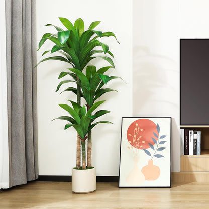 Artificial Dracaena Tree 6ft, Tall Fake Dracaena Plants with White Planter, Faux Dragon Tree Indoor Floor Plant for Home Decor Office Living Room Porch Housewarming, 1Pcs