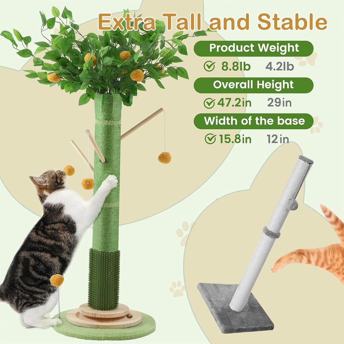 46" Tall Cat Scratching Post, Natural Sisal Cat Tree for Indoor Adult Cats