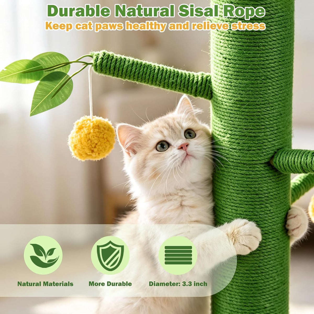 46" Tall Cat Scratching Post, Natural Sisal Cat Tree for Indoor Adult Cats