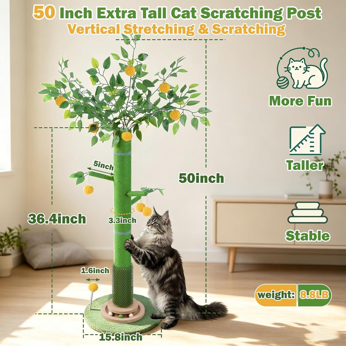 46" Tall Cat Scratching Post, Natural Sisal Cat Tree for Indoor Adult Cats