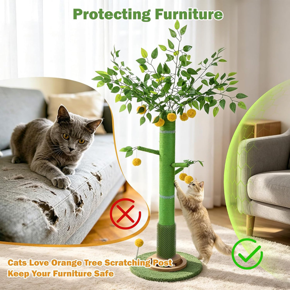 46" Tall Cat Scratching Post, Natural Sisal Cat Tree for Indoor Adult Cats