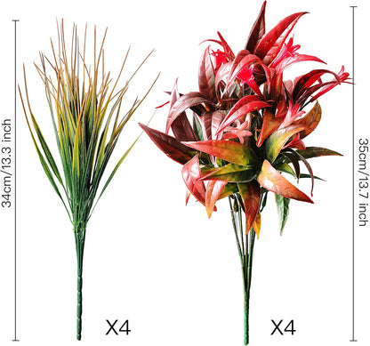 Artificial Plants Flowers Outdoors, UV, Fake Tropical Plants, 8 Pcs | red, artificial grass plants outdoor, tall, uv resistant