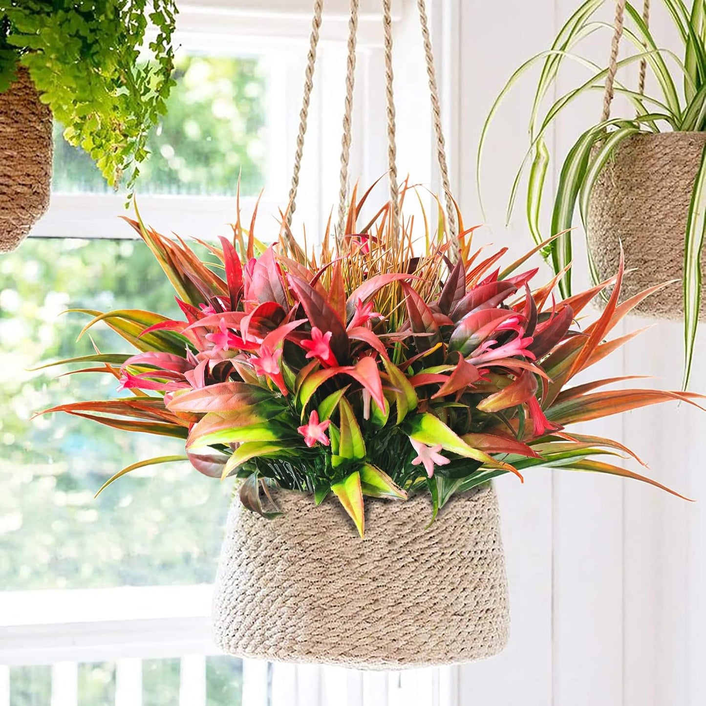 Artificial Plants Flowers Outdoors, UV, Fake Tropical Plants, 8 Pcs | red, artificial grass plants outdoor, tall, uv resistant