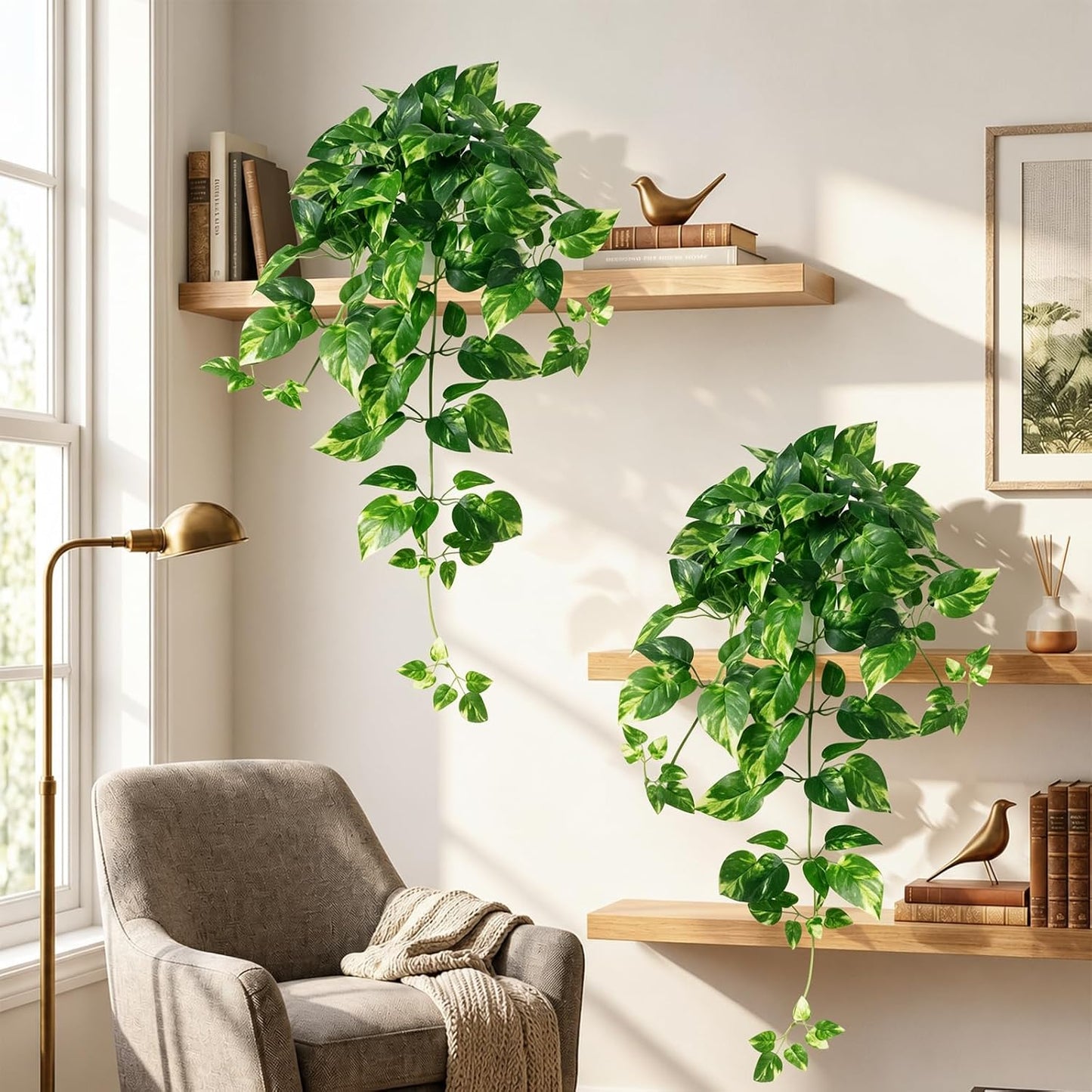 2 Pack Fake Hanging Plants with Pots, Artificial Ivy Vines Decor | Weighted Real Pebble Base for Shelf and Wall Styling