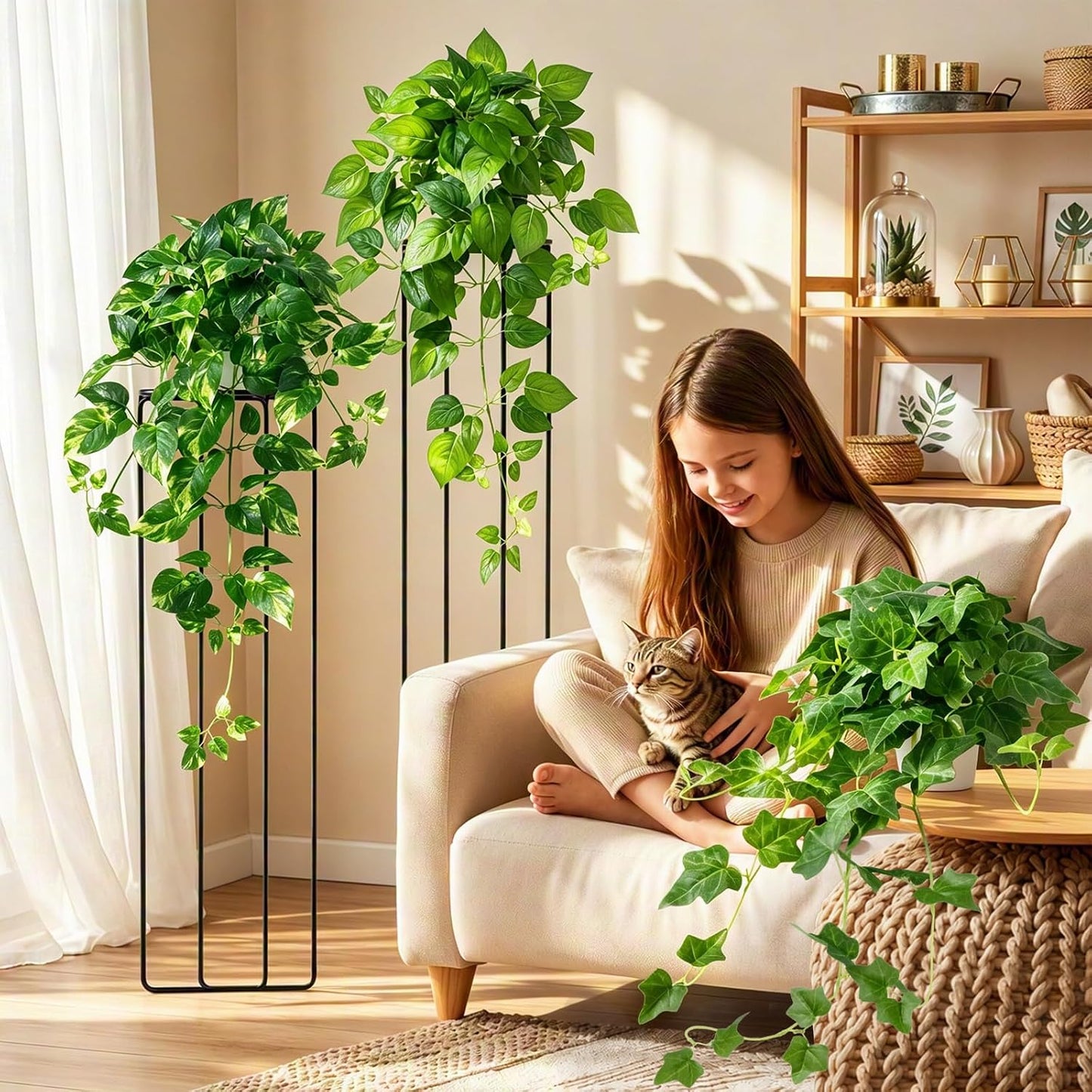 2 Pack Fake Hanging Plants with Pots, Artificial Ivy Vines Decor | Weighted Real Pebble Base for Shelf and Wall Styling