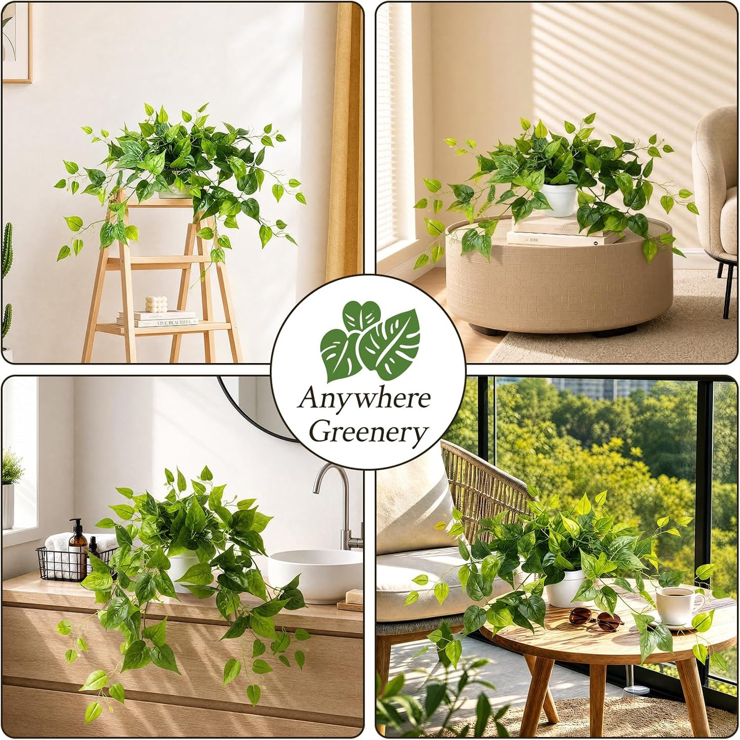 2 Pack Fake Hanging Plants with Pots, Artificial Ivy Vines Decor | Weighted Real Pebble Base for Shelf and Wall Styling